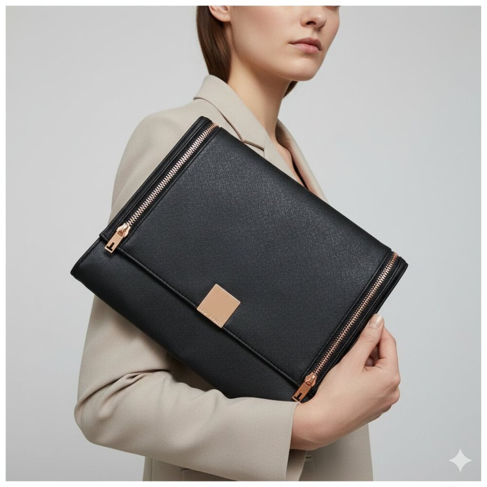 TED BAKER LONDON "Sala" Oversize Snap Magnet Clutch Black/Rose Gold Tone